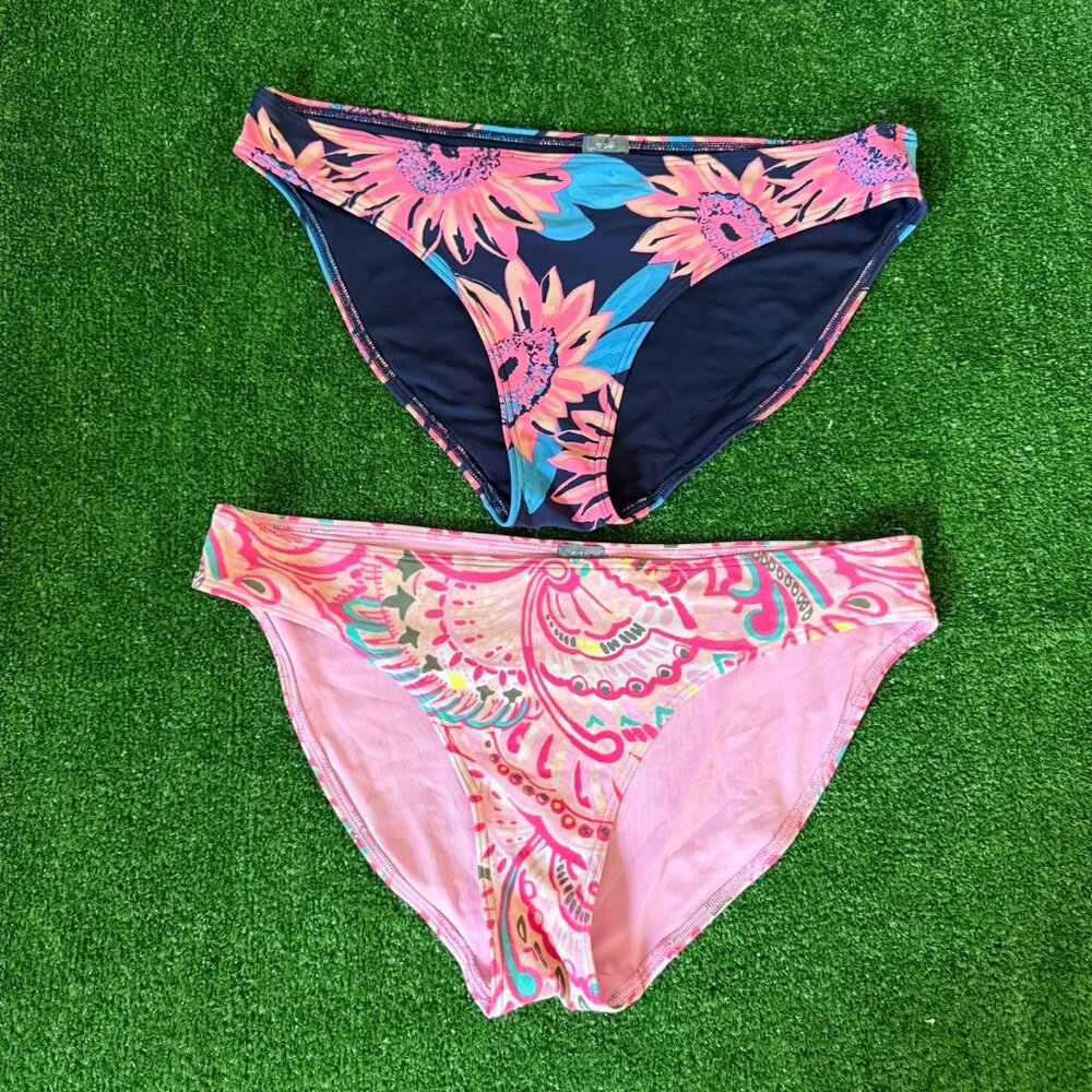 aerie Swimwear Lot of 2 Pink Paisley & Navy Floral Hipster Bikini Bottoms Size L